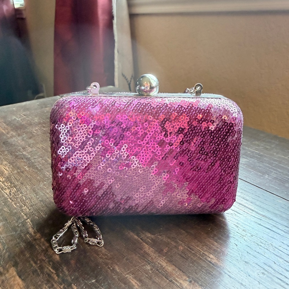Jessica McClintock Pink Sequin Clutch Evening Bag Chain Strap Party Purse - Picture 2 of 5